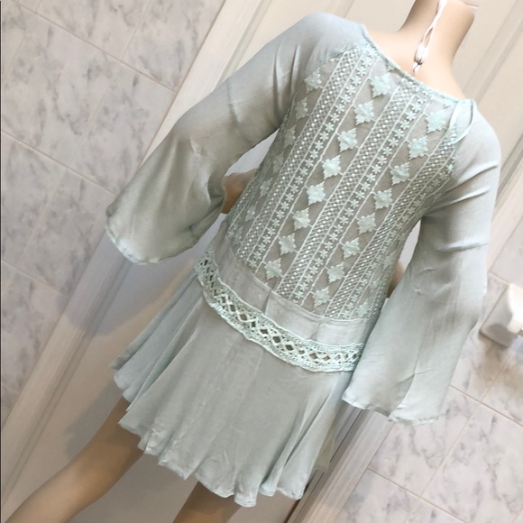 MINT BELL SLEEVE CROCHET TRIM MINI BOHO DRESS - Picture 8 of 8